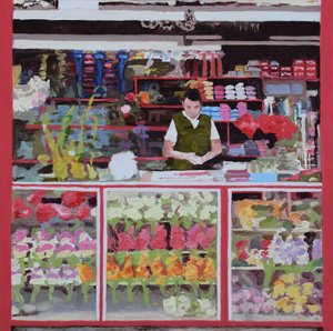 Bloemenkraam (Bogotá, Colombia), 2016 (olieverf op board) door Trevor Burgess