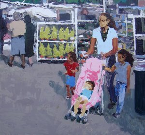 Moeder en kinderen winkelen (Lewisham markt, Londen), 2008 (olieverf op doek)