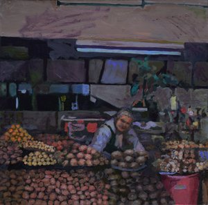 Aardappelkraam (Quito, Ecuador), 2015 (olieverf op board) door Trevor Burgess
