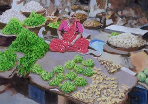 Verkoop van pepers en gember (Thane, Mumbai), 2016 (olieverf op doek) door Trevor Burgess