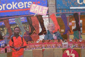 Schoenenkraam (Deptford, Londen), 2013 (olieverf op board) door Trevor Burgess