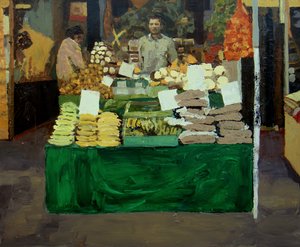 Groentekraam (Deptford, Londen), 2009 (olieverf op board) door Trevor Burgess
