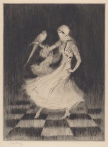 Vrouw die danst met een papegaai