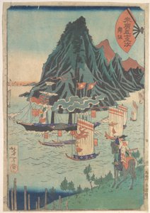 De 53 stations van Suehiro: een krijger kijkt naar een voorbijvarend stoomschip door Tsukioka Yoshitoshi
