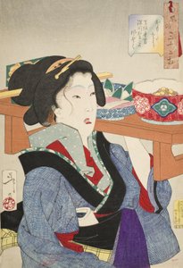 Een vermoeide indruk: het gedrag van een serveerster in Fukagawa in het Tenpō-tijdperk door Tsukioka Yoshitoshi