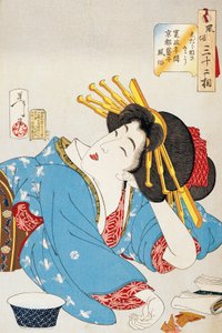 Moment van ontspanning, gezicht van Kansei periode Geisha uit Kyoto, illustratie door Tsukioka Yoshitoshi uit Tweeëndertig aspecten van gewoonten en gebruiken (houtsnede) door Tsukioka Yoshitoshi