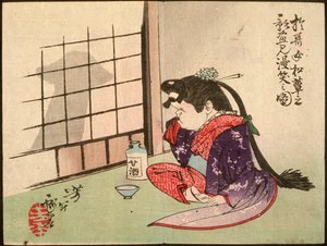 Okame lacht om de schaduw van een paddenstoel door Tsukioka Yoshitoshi