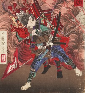Okubo Hikozaemon redt Tokugawa Ieyasu op het slagveld, 1881 (houtsnede)