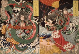 Tawaraya Tda en een Draak en Ono no Komachi die bidt voor regen uit de serie Moed in China en Japan, 1868