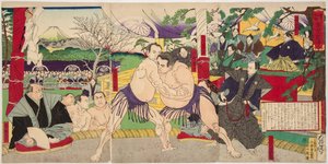 Gevecht van de sumoworstelaars Koyonagi Tsunekichi en Arauma Daigoro