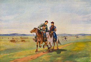 Liefde in de steppen (kleurenlitho) door Tsyrenzhap Sampilovich Sampilov