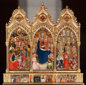 Predella met het leven van Sint Bartholomeus, van Maagd en kind omringd door engelen en heiligen (olieverf op paneel)
