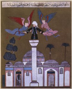 Jezus Christus gedragen door twee engelen vanaf de minaret van de moskee in Damascus, uit Zubdet ut Tevarih door Lokman, 1583