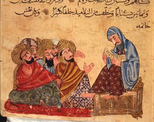 Socrates debatteert over filosofie met zijn volgelingen, Turkije, Arabisch manuscript door Turkish School