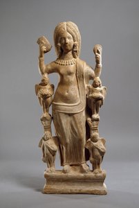 Terracotta beeldje van Venus, of een jonge vrouw verkleed als Venus, bij haar toilet, c.200-230