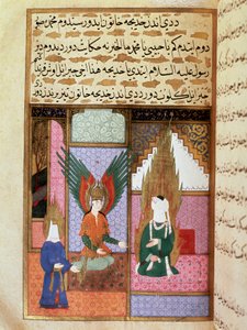 De Engel des Doods vraagt de Profeet Mohammed (Mohammed of Mohammed) (570-632) (bedekt gezicht) om toestemming om zijn vrouw Khadija te nemen Miniatuur uit een 18e-eeuws manuscript. Istanboel Topkapi Museum