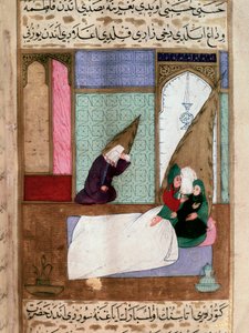 De profeet Mohammed (570-632) (bedekt gezicht) verlaat zijn familie op het moment van overlijden