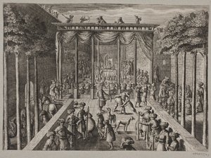 Banket in een oosterse tuin. Vooraan schutters en mannen in een worstelwedstrijd