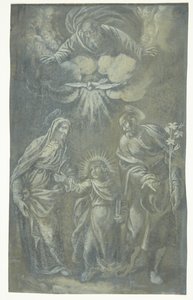 De Heilige Familie wandelend onder God de Vader en de Heilige Geest