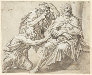 De zittende doornengekroonde Christus wordt bespot door twee beulen, de ene staand, de andere knielend links door Ubekendt