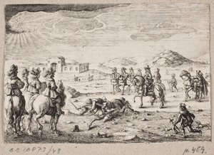 Europese ruiters in een open landschap. Op de achtergrond een karavanserai door Ubekendt