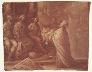 Jezus overhandigt een mijter aan een vrouw op een troon omringd door twee vrouwen (allegorie) door Ubekendt