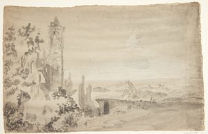 Landschap met ruïnes door Ubekendt