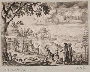 Landschap met twee mannen die riet snijden
