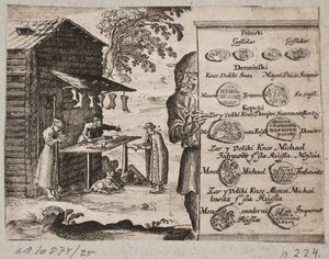 Overzicht van Russische munten. Op de achtergrond een Russische schoenmaker door Ubekendt