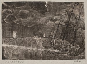 Schip onder zeil bij nacht