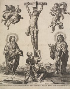 Christus aan het kruis, met de Maagd, Maria Magdalena en St. Johannes en vier engelen door Ubekendt KKSgb5444