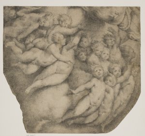 God de Vader gedragen door engelen in wolken, naar de koepel in Cortemaggiore