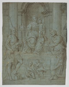 De Maagd en het Kind op de troon met St. Petrus en Johannes de Doper, en twee muzikale engelenkinderen door Ubekendt Ubekendt