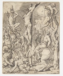 De dood van Christus aan het kruis door Ubekendt efter Dirck Volckertsz. Coornhert efter Maarten van Heemskerck