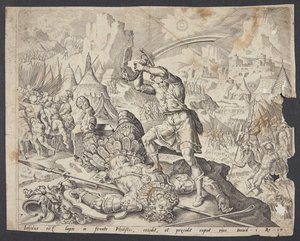 Abner presenteert David met het hoofd van Goliath aan Saul door Ubekendt efter Maarten van Heemskerck