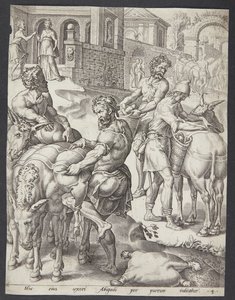 De dienaren van Abigail laden de ezels met voedsel voor David door Ubekendt efter Maarten van Heemskerck