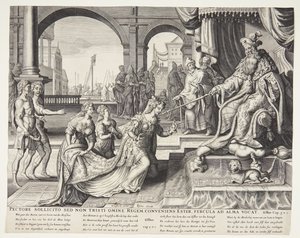 Esther voor Ahasveros, hem uitnodigend voor een banket door Ubekendt efter Philips Galle efter forlæg af Maarten van Heemskerck