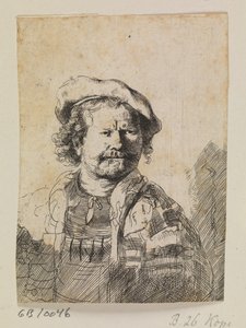 Rembrandt in een platte pet en geborduurde jurk door Ubekendt efter Rembrandt