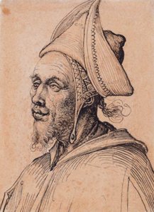 Bearded man with pointed Oriental headgear