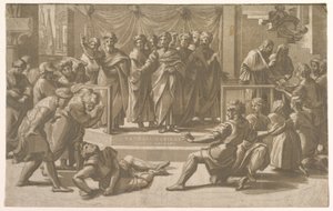 De dood van Ananias, omringd door apostelen door Ugo da Carpi