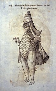 De zee-eveque, denkbeeldige vis en zeemonster door Ulisse Aldrovandi (1522-1605), 