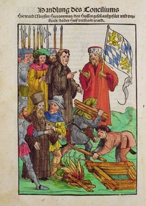 De executie van Jan Hus of een van zijn priesters op het Concilie van Konstanz, uit 