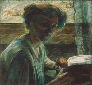 De zus van de kunstenaar lezend door Umberto Boccioni