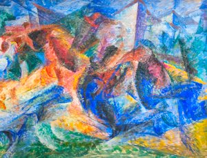 Paard, ruiter en gebouwen door Umberto Boccioni