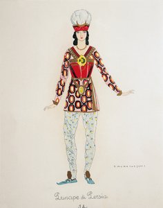 Kostuum voor de Prins van Perzië uit Turandot, schets voor de eerste uitvoering van de opera in het Teatro alla Scala in Milaan, 25 april