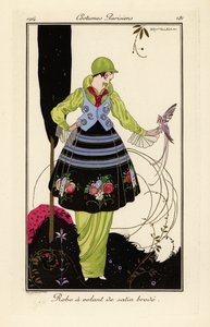 Vrouw in erwtengroene jurk met geborduurde satijnen rok door Umberto Brunelleschi