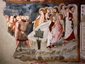 De vlucht van de apostelen (detail). Fresco van de Umbria-school uit de 15e eeuw. Bovenkerk. Klooster van Sint Benedetto (Sacro Speco), Subiaco (Rome), Italië door Umbrian School