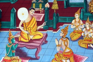 20151029, Vientiane, Laos: Wat Inpeng boeddhistische tempel. Schilderij dat het levensverhaal van Shakyamuni Boeddha uitbeeldt door Unbekannt