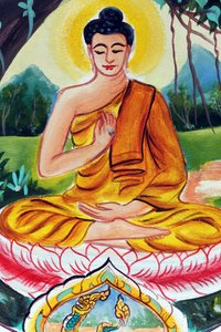 20151029, Vientiane, Laos: Wat Inpeng boeddhistische tempel. Schilderij dat het levensverhaal van Shakyamuni Boeddha uitbeeldt. De onderwijzende Boeddha toont een bijzonder moment in het leven van de Boeddha, namelijk de eerste preek die de Boeddha gaf na 