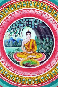 20151029, Vientiane, Laos: Wat Inpeng boeddhistische tempel. Schilderij dat het levensverhaal van Shakyamuni Boeddha uitbeeldt. Boeddha zittend in de meditatiehouding door Unbekannt